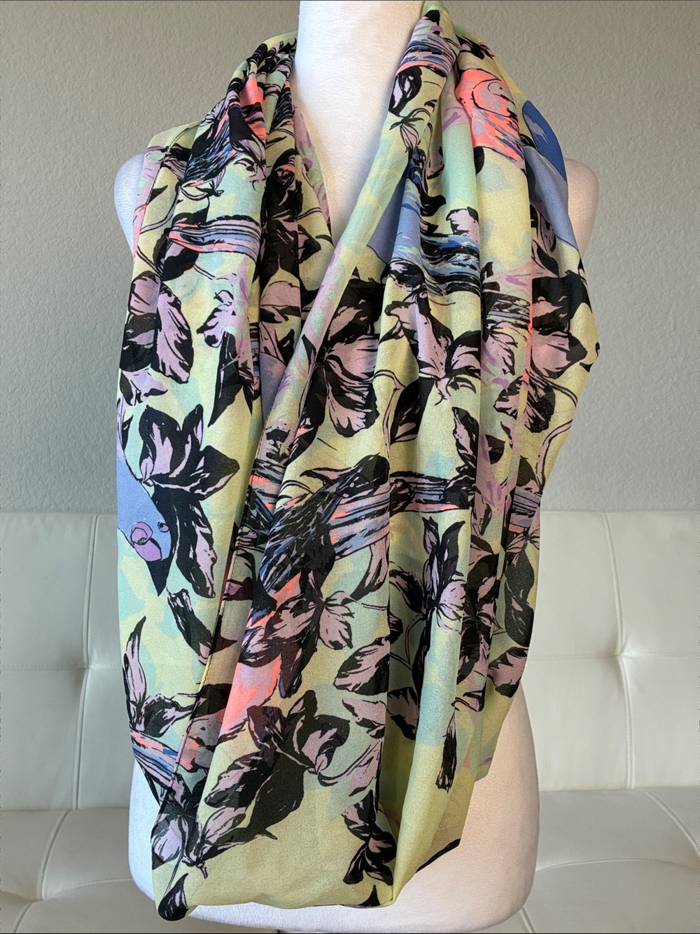 H&M Parrot Print & Floral Pastel Infinity Scarf - Black & Pastel Multicolor
